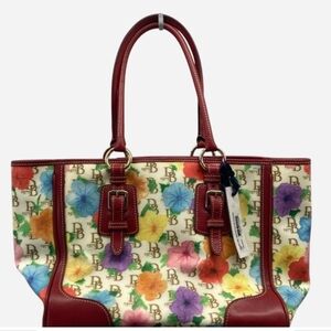 Dooney & Bourke Multicolor Floral Canvas Tote with Red Leather Trim